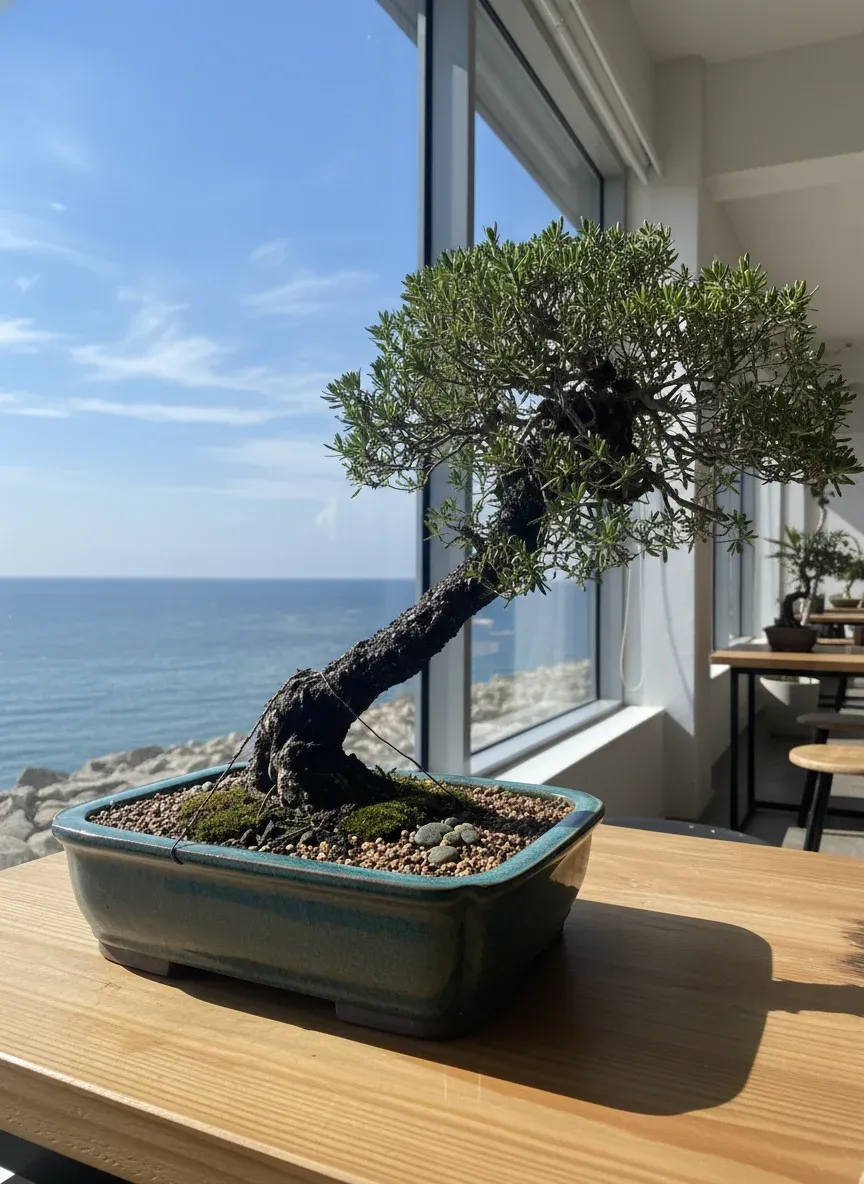 琉球盆栽 - オーシャンビューを背景に配置した盆栽アクセント
