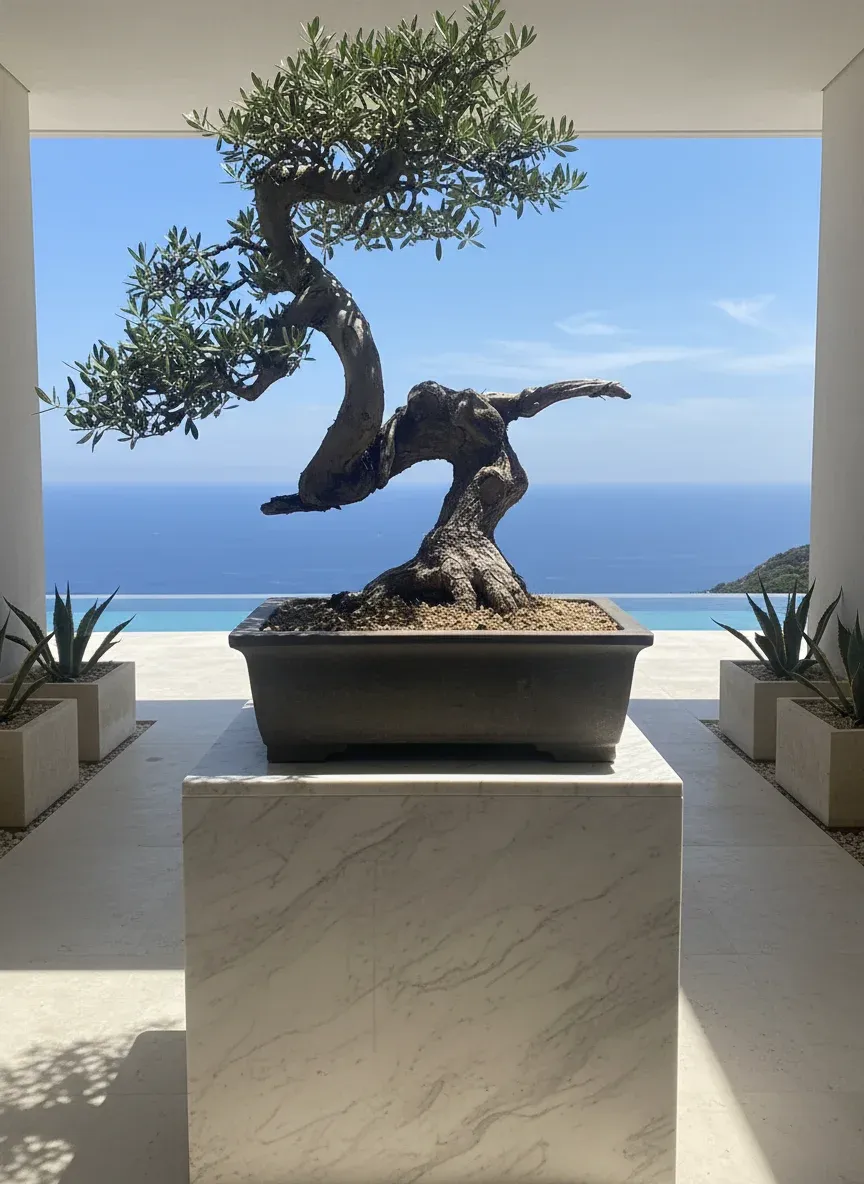 琉球盆栽 - 木漏れ日の入るヴィラ玄関を彩る盆栽