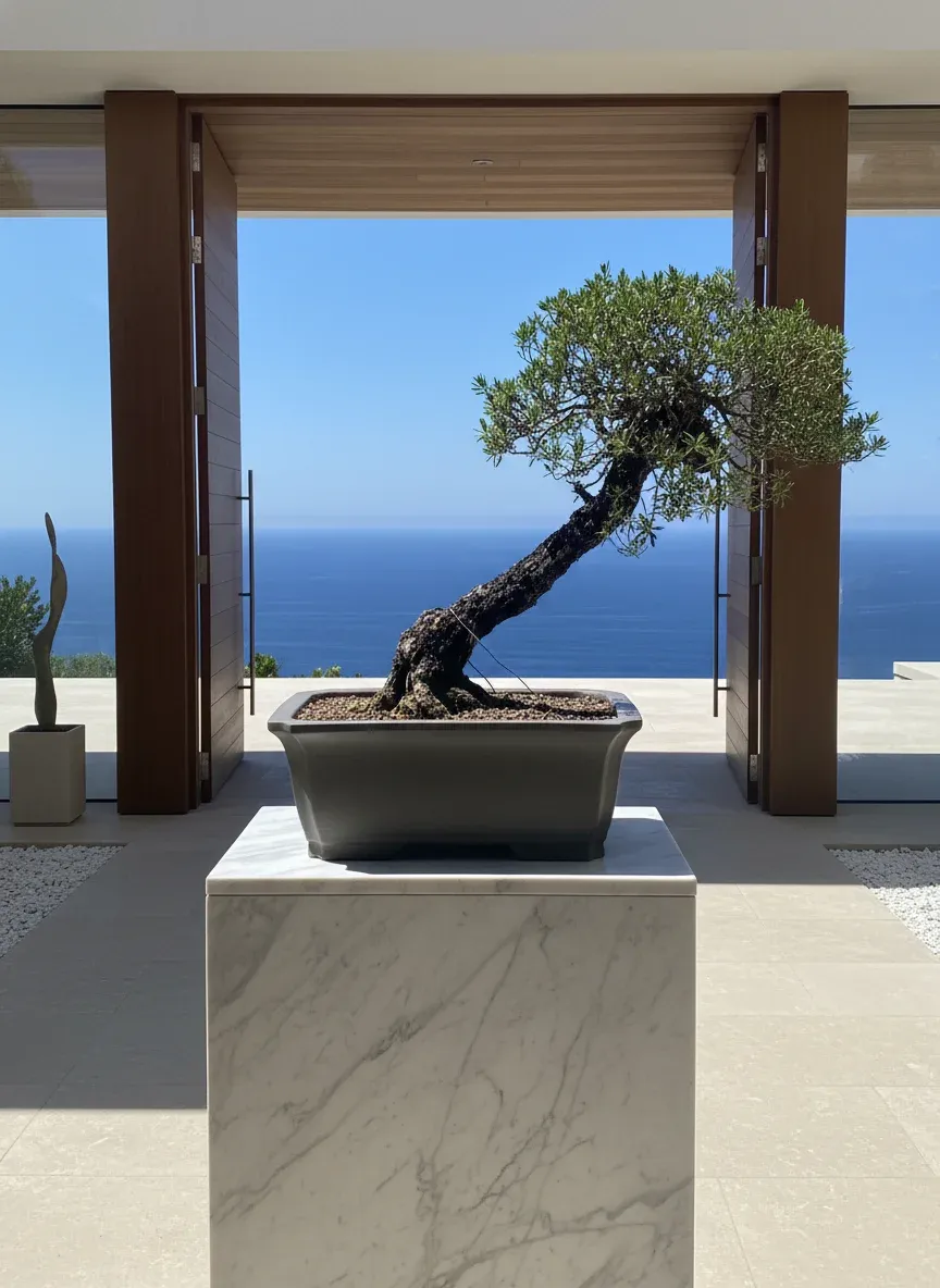 琉球盆栽 - ラグジュアリーヴィラのエントランスで映えるモダンな盆栽