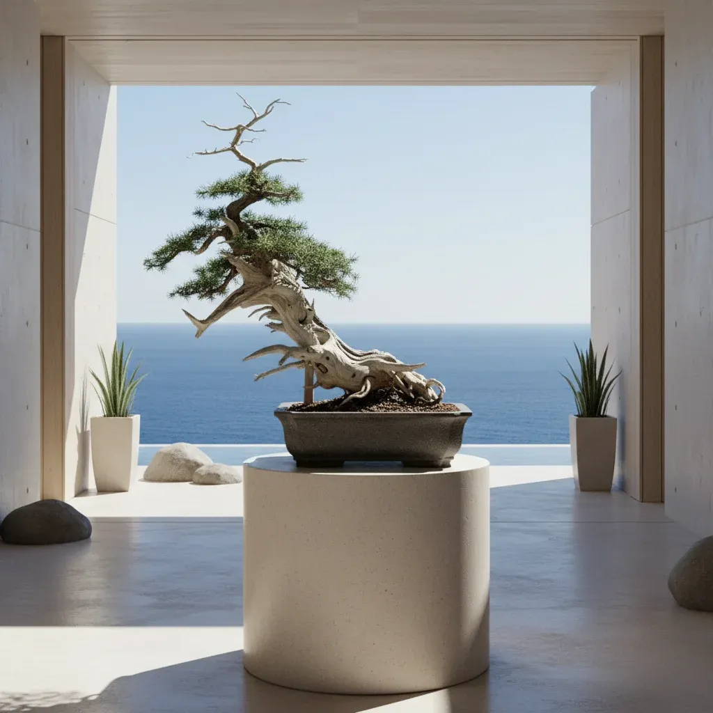 琉球盆栽 シンパク - 高級ヴィラの迎賓スペースに置かれた特別な一鉢