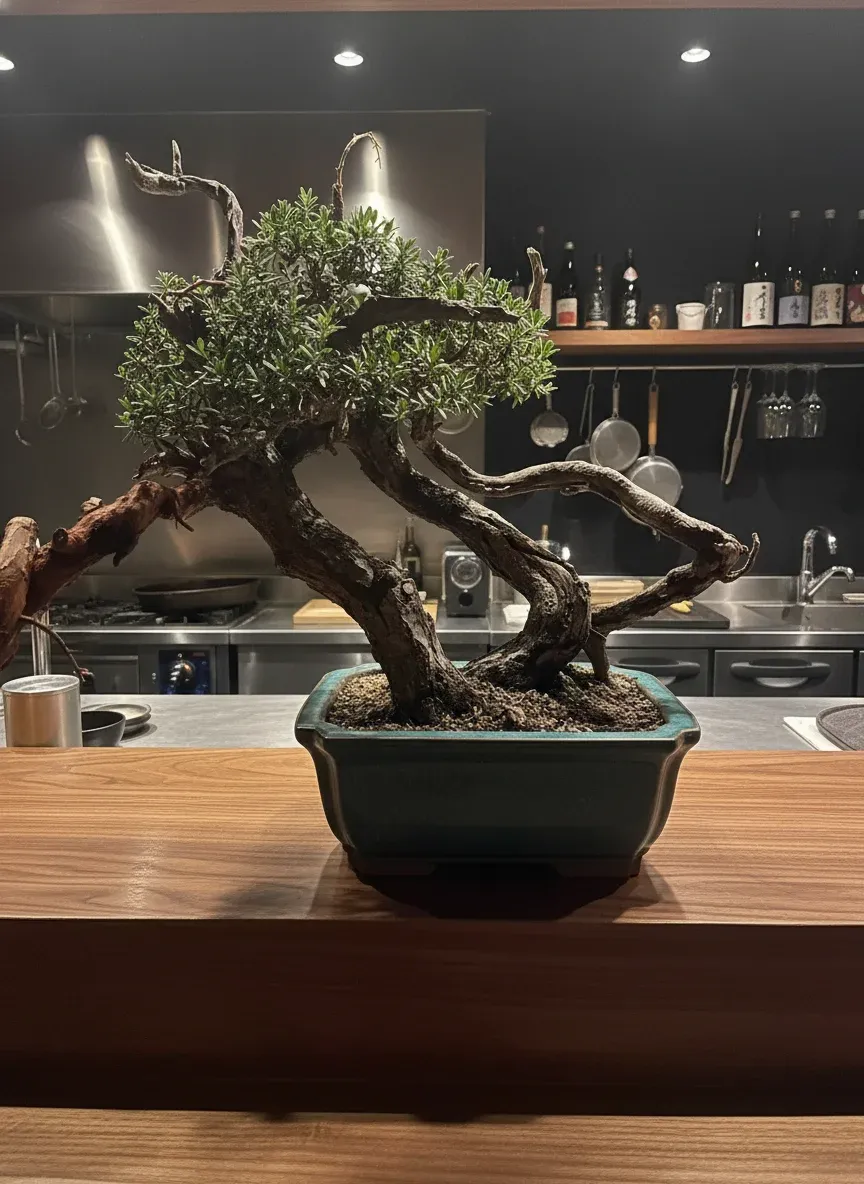 琉球盆栽 - 木目カウンターに馴染む南国盆栽