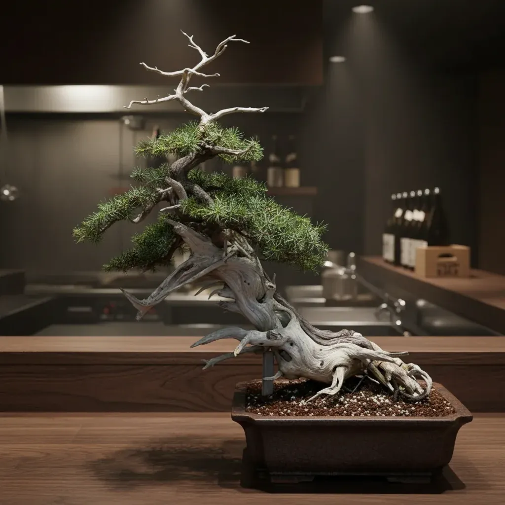 琉球盆栽 シンパク - 和食カウンターに飾るアイコニックな枝ぶり